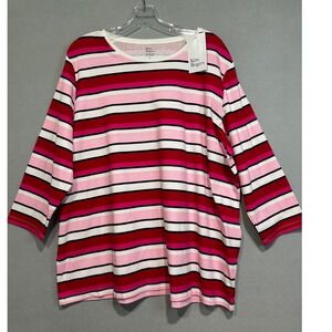Kim Rogers Perfectly Soft Plus Size 2X Pink Multi Stripe Crew Neck Cotton Top